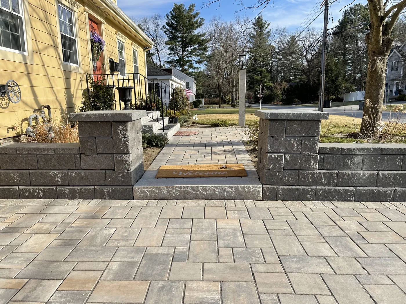 Completed masonry steps and entryway